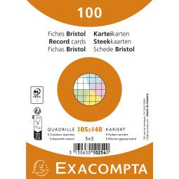 Pak 100 fiches onder folie - bristol geruit 5 x 5 niet geperforeerd 105 x 148 mm - assortiment kleuren