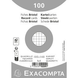 Confezione 100 cartoncini bristol sotto film a quadretti 5x5 non perforati 105x148mm - Bianco