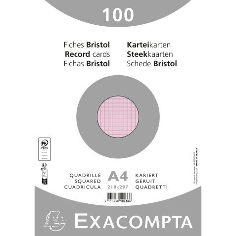 Fichas de cartulina bristol 205 g/m2 - Cuadricula - 210x297 mm - Rosa