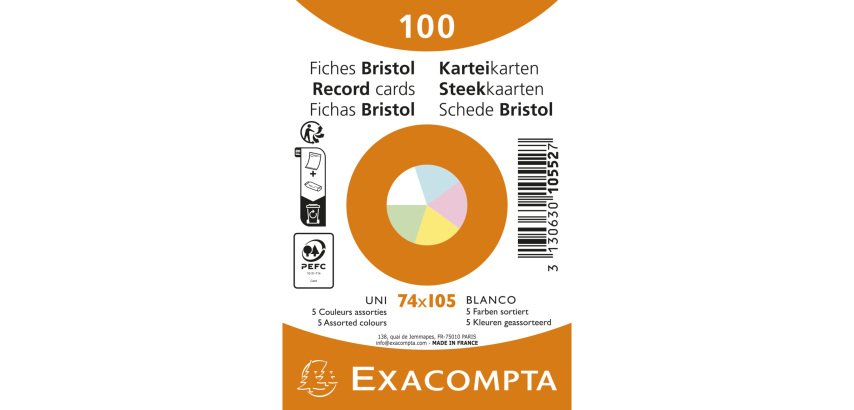 Fiches bristol, A7, uni, assorti