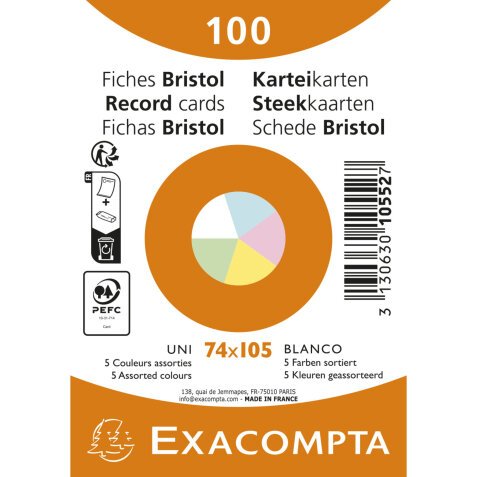 Fiches bristol, A7, uni, assorti
