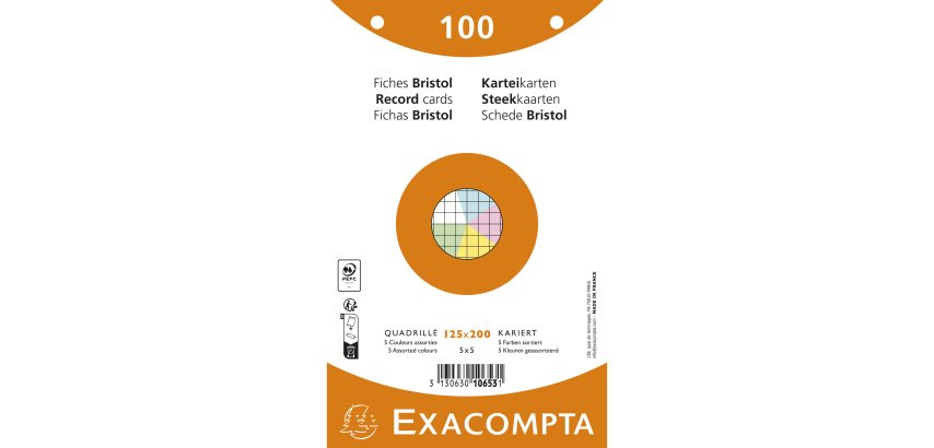 Fiche bristol 125 x 200 mm quadrillée 5 x 5 coloris assortis perforée Exacompta - Boîte de 100