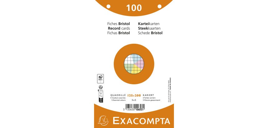Fiche bristol 125 x 200 mm quadrillée 5 x 5 couleurs assorties perforée Exacompta - Boîte de 100