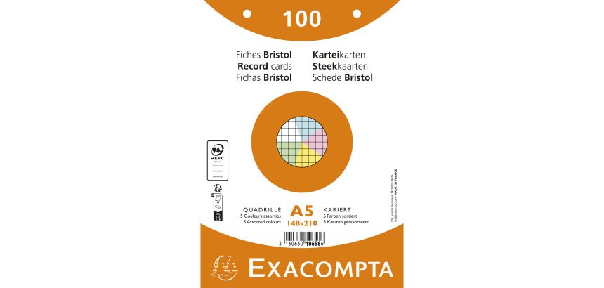 Fiche bristol 148 x 210 mm quadrillée 5 x 5 couleurs assorties perforée Exacompta - Boîte de 100