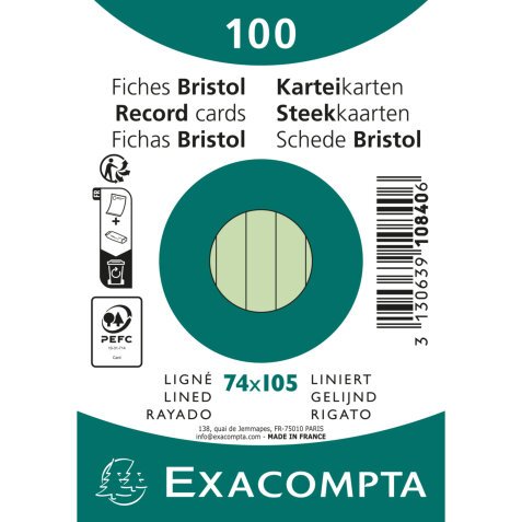 Fichas de cartulina bristol 205 g/m2 - Rayado - 74x105 mm - Verde