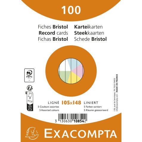 Paquet de 100 fiches sous film - Bristol ligné non perforé 105x148mm - Couleurs assorties