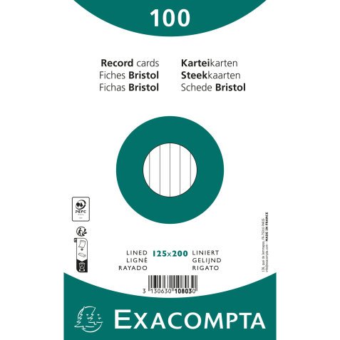 Pk 100 Exa Rec Cards 12.5x20cm Lined Wht - White