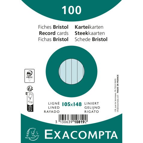 Fichas de cartulina bristol 205 g/m2 - Rayado - 105x148 mm