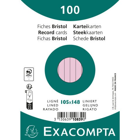 Fichas de cartulina bristol 205 g/m2 - Rayado - 105x148 mm - Rosa