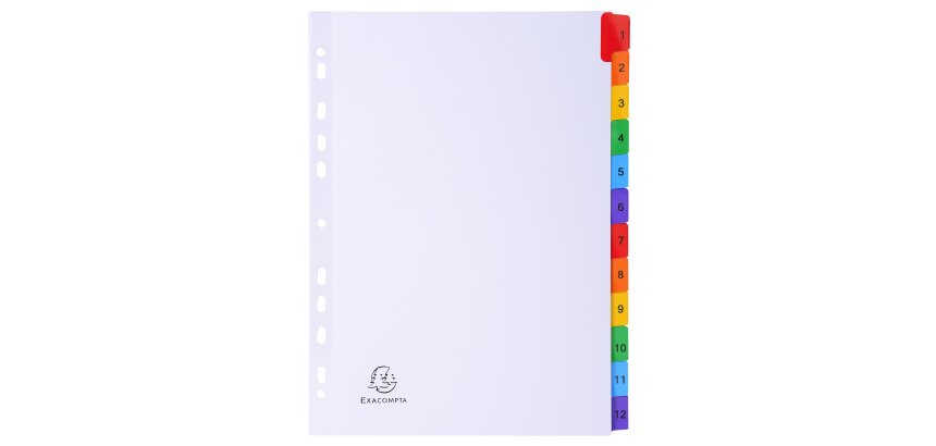 Intercalaire A4 carte blanche 12 onglets numériques - 1 jeu