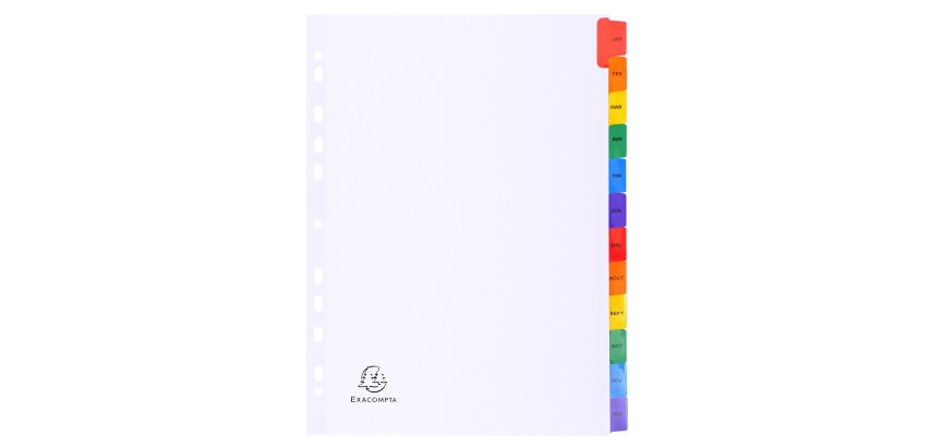 Intercalaire A4 carte bristol blanc Exacompta 12 onglets mensuels multicolores - 1 jeu