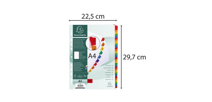 Intercalaire A4 carte bristol blanche Exacompta 31 positions numériques multicolores - 1 jeu