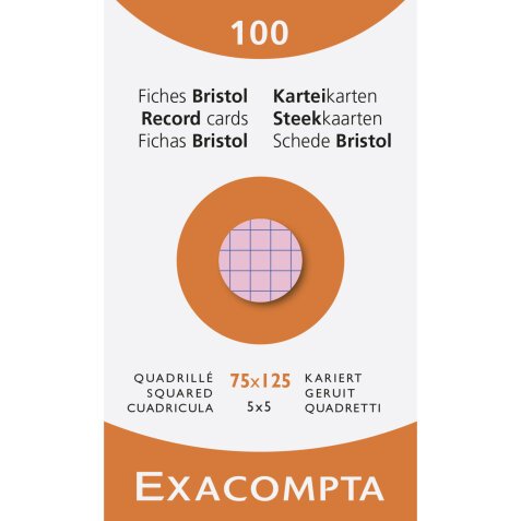 Étui de 100 fiches - bristol quadrillé 5x5 non perforé 75x125mm - Couleurs assorties