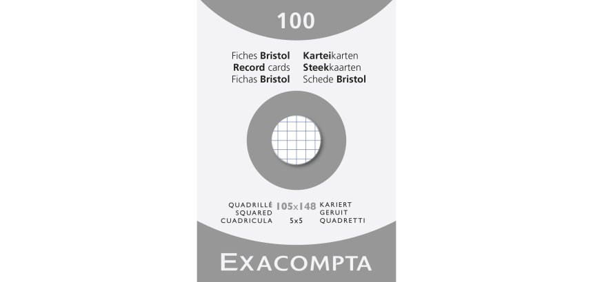 Fiche bristol 105 x 148mm quadrillée 5 x 5 blanche non perforée Exacompta - Boîte de 100