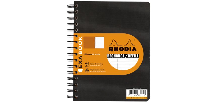Cahier recharge spirale Exabook Rhodiactive 14,8 x 21 cm noir - ligné avec cadre en tête -160 pages