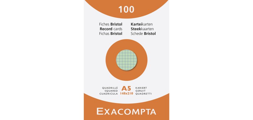 Fiche bristol 148 x 210 mm quadrillée 5 x 5 couleurs assorties non perforée Exacompta - Boîte de 100