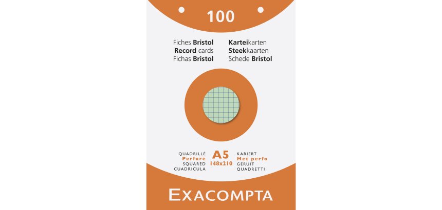 Fiche bristol 148 x 210 mm quadrillée 5 x 5 couleurs assorties perforée Exacompta - Boîte de 100