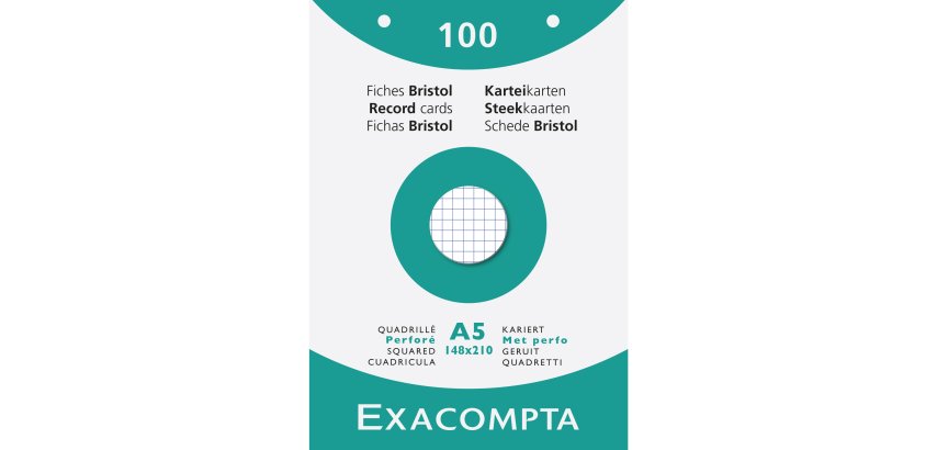 Fiche bristol 148 x 210 mm quadrillée 5 x 5 blanche perforée Exacompta - Boîte de 100