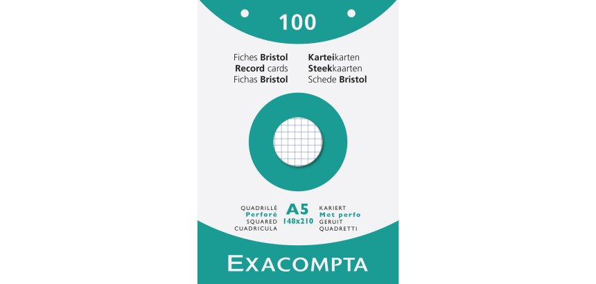 Fiche bristol 148 x 210 mm quadrillée 5 x 5 blanche perforée Exacompta - Boîte de 100