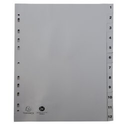 Intercalaires imprimés numériques PP recyclé gris - 12 positions - A4 - Gris