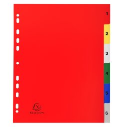 Tabbladen met bedrukte tabs in gekleurde PP - 6 tabs - 1 tot 6 - A4 maxi - Geassorteerde felle kleuren