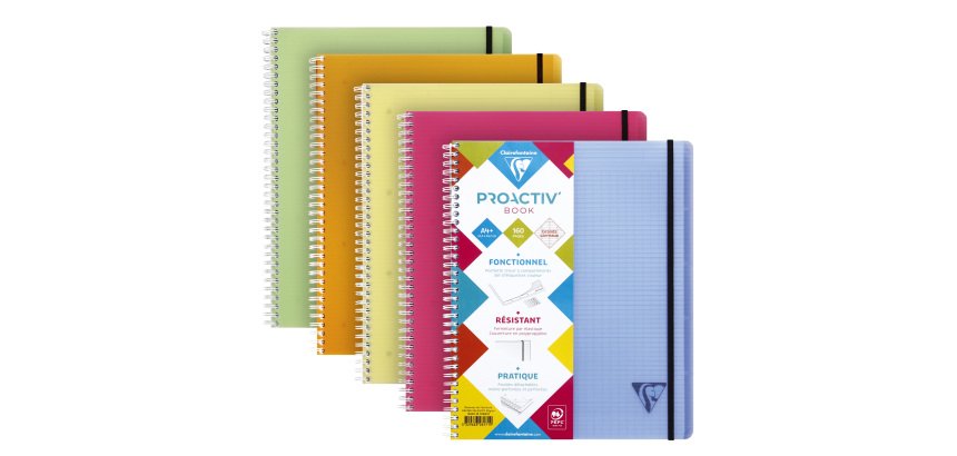 Cahier spirale Clairefontaine Proactiv'Book Linicolor Fesh 22,5 x 29,7 cm assorti aléatoire grands carreaux avec cadre en-tête-160 pages