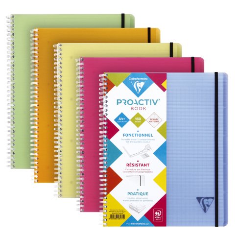 Cuaderno espiral Clairefontaine Proactiv'Book Linicolor Fesh, 22,5 x 29,7 cm, diseño aleatorio surtido, cuadrados grandes con borde de encabezado - 160 páginas