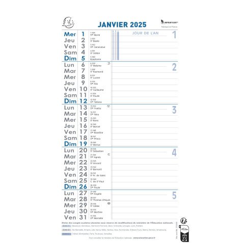 Calendrier Bloc mensuel avec feuillets détachables sans support 13 x 23 cm 2025