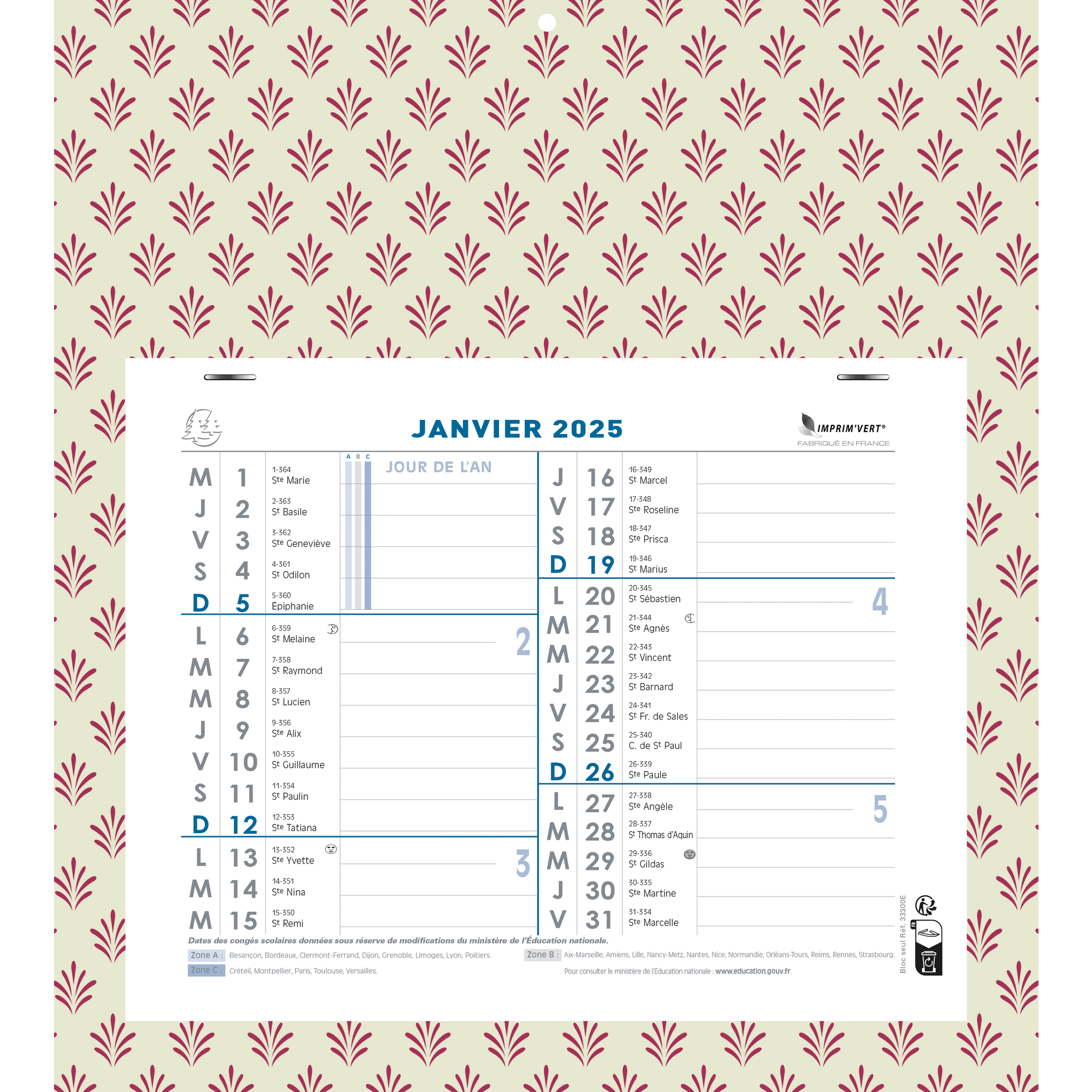 Exacompta - Calendrier mensuel décor Papier avec feuillets détachables 13 x  23 cm sur support plaque imprimée 16 x 33 cm 2024 - Couleurs assorties