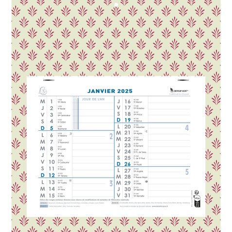 Calendrier mensuel décor Papier avec feuillets détachables 18 x 24 cm sur support plaque imprimée 27,5 x 30,5 cm 2025 - Couleurs assorties