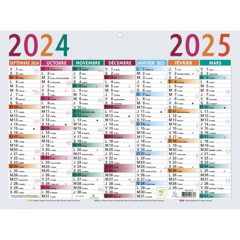 Calendrier Multicolore 29,5 x 22 cm Septembre 2024 à Septembre 2025 - Multicolore