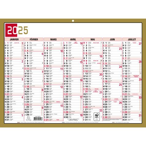 Calendrier Tricolore 22 x 29,5 cm Semestriel 2025 - Rouge, Noir et Or