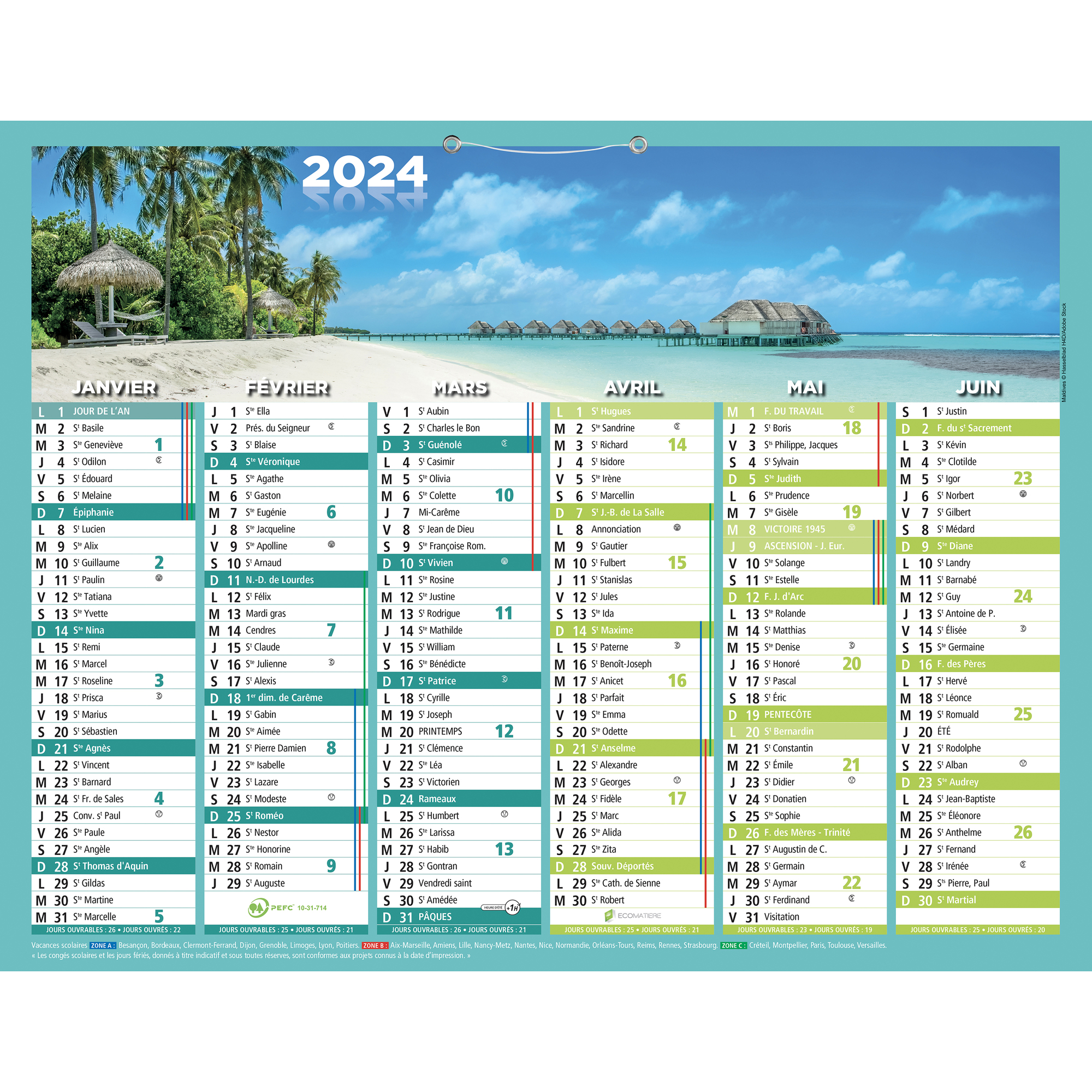 Calendrier recto/verso 2024 Exacompta - 7 mois - Multicolore - 33,5 x 43 cm  - Agendas Civil - Agendas - Calendriers