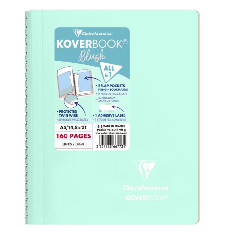 Cahier reliure intégrale enveloppante Koverbook Blush A5 160 pages ligné couverture polypropylène opaque bicolore - Menthe à l'eau/Rose poudré