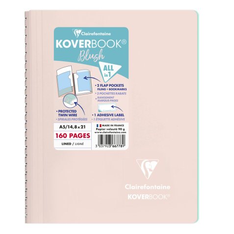 Cahier reliure intégrale enveloppante Koverbook Blush A5 160 pages ligné couverture polypropylène opaque bicolore - Rose poudré/Menthe à l'eau