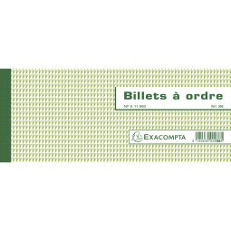 Carnet à souche Billets à ordre NF K 11080 de 50 feuillets - Format horizontal du billet à ordre 10,1x21cm