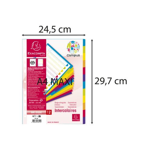 Intercalaires en polypropylène 12 positions Campus - A4 Maxi - Translucide