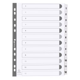 Intercalaires imprimés à touches plastifiées - 12 touches 1 à 12 - A4 - Blanc