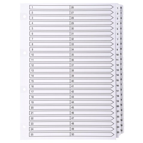 Bedrukte tabbladen karton 160g - geplastificeerde tabs - 50 tabs - 1 tot 50 - A4 - Wit