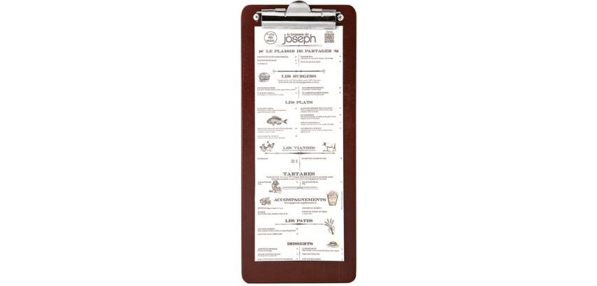 porte-menu avec pince bois foncé demi A4 34,5 x 14 cm