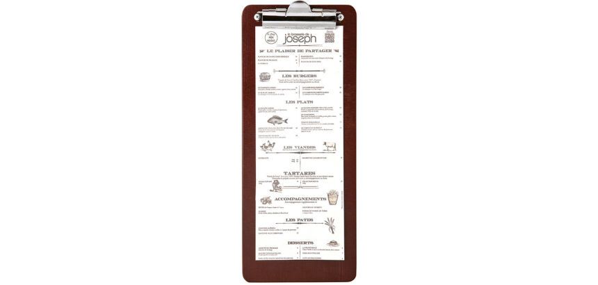 porte-menu avec pince bois foncé demi A4 34,5 x 14 cm