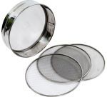 tamis inox avec 4 fonds interchangeables 3,2,1 et 0.75 mm 21 cm