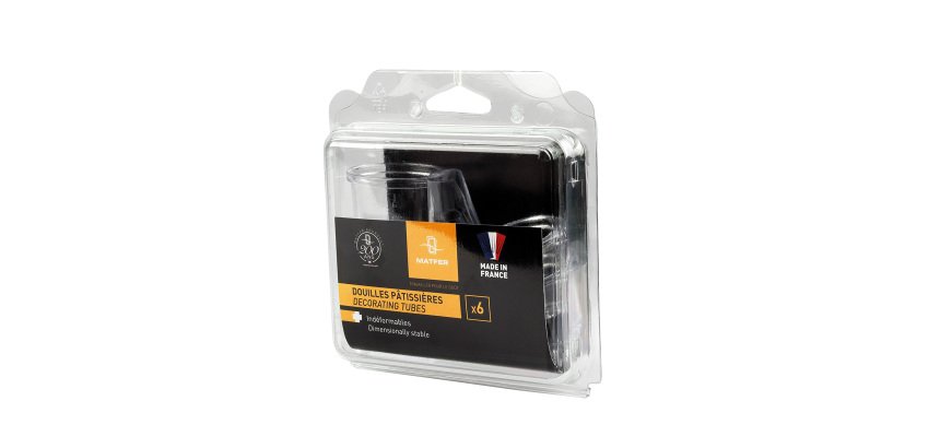 lot constitué de 6 douilles : d'1 douille St Honoré PM, 1 douille St Honoré GM, 1 douille PF16, 1 douille Ruban 1mm, 1 douille Ruban 5mm, 1 douille à nid