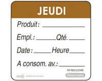rouleau de 500 étiquettes DLC jour de la semaine autocollantes 5x5 cm jeudi marron