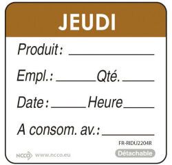 rouleau de 500 étiquettes dlc jour de la semaine autocollantes 5x5 cm jeudi marron