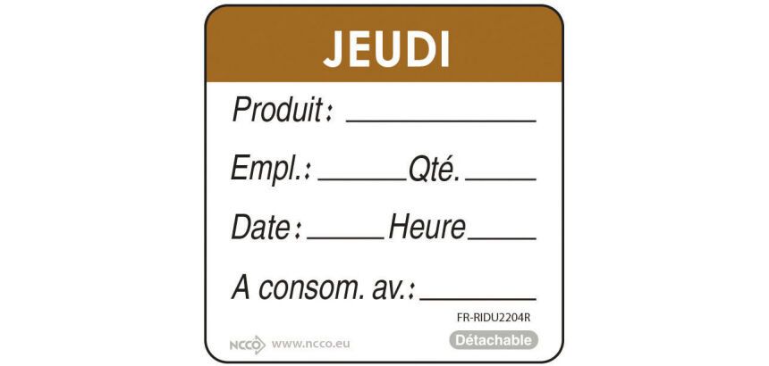 rouleau de 500 étiquettes dlc jour de la semaine autocollantes 5x5 cm jeudi marron