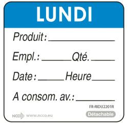 rouleau de 500 étiquettes dlc jour de la semaine autocollantes 5x5 cm lundi bleu
