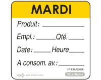 rouleau de 500 étiquettes DLC jour de la semaine autocollantes 5x5 cm mardi jaune