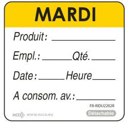 rouleau de 500 étiquettes dlc jour de la semaine autocollantes 5x5 cm mardi jaune