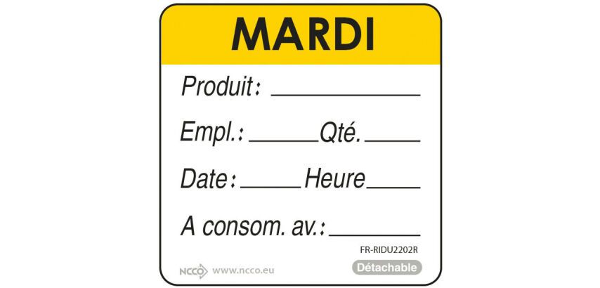 rouleau de 500 étiquettes DLC jour de la semaine autocollantes 5x5 cm mardi jaune